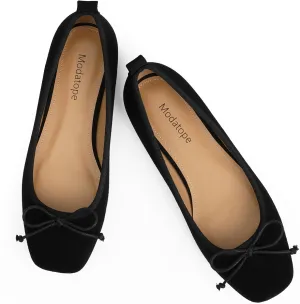 Modatope Ballet Flats with Bow Ballerina Closed Square Toe Slip on Bowknot Flats Shoes for Women Dressy