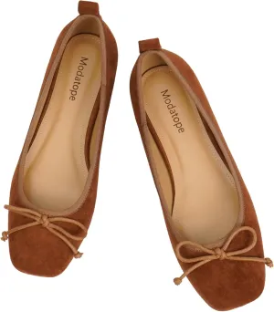 Modatope Ballet Flats with Bow Ballerina Closed Square Toe Slip on Bowknot Flats Shoes for Women Dressy