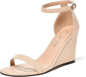 MODENCOCO Womens Matte Comfortable Ankle Strap Buckle Round Toe Casual Bridal Wedge High Heel Heeled Sandals 3.3 Inch