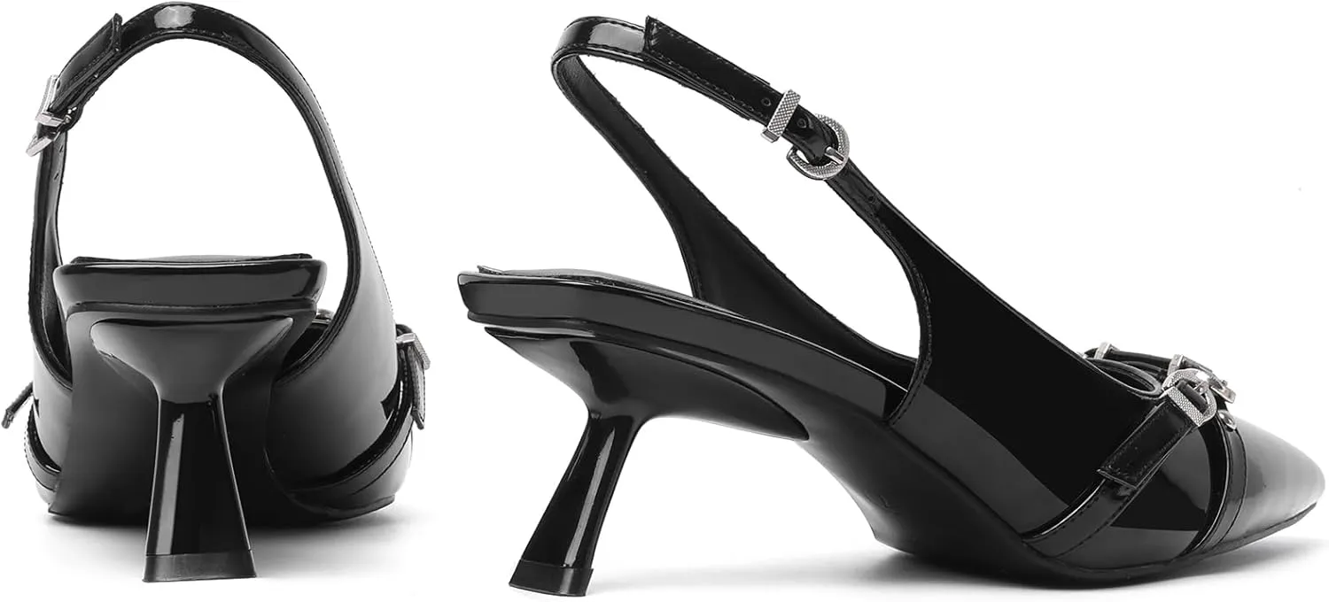 Mostrin Kitten Heels for Women Pointed Toe Pumps Patent Leather Low Heel Slingback Heels with Buckle Dress Shoes for Dating Party Working