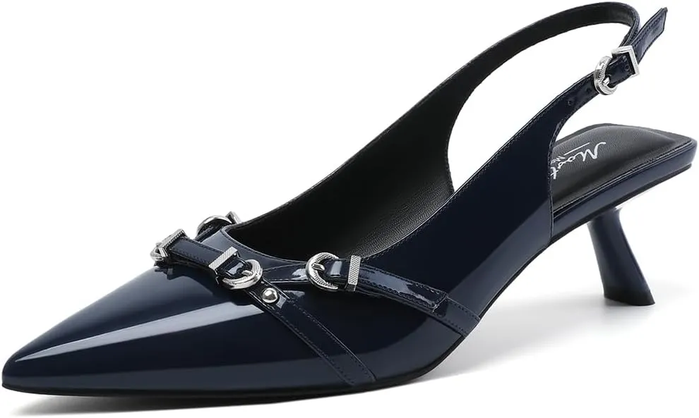 Mostrin Kitten Heels for Women Pointed Toe Pumps Patent Leather Low Heel Slingback Heels with Buckle Dress Shoes for Dating Party Working