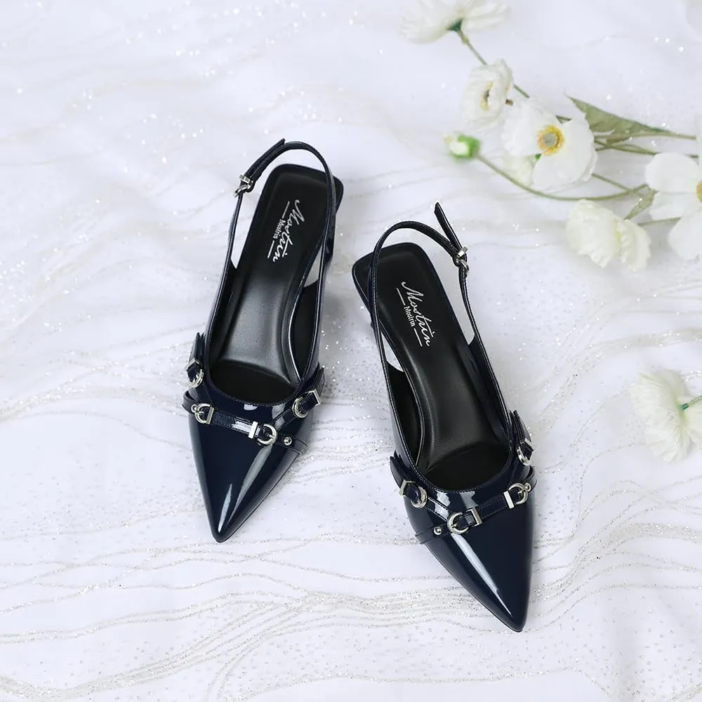 Mostrin Kitten Heels for Women Pointed Toe Pumps Patent Leather Low Heel Slingback Heels with Buckle Dress Shoes for Dating Party Working