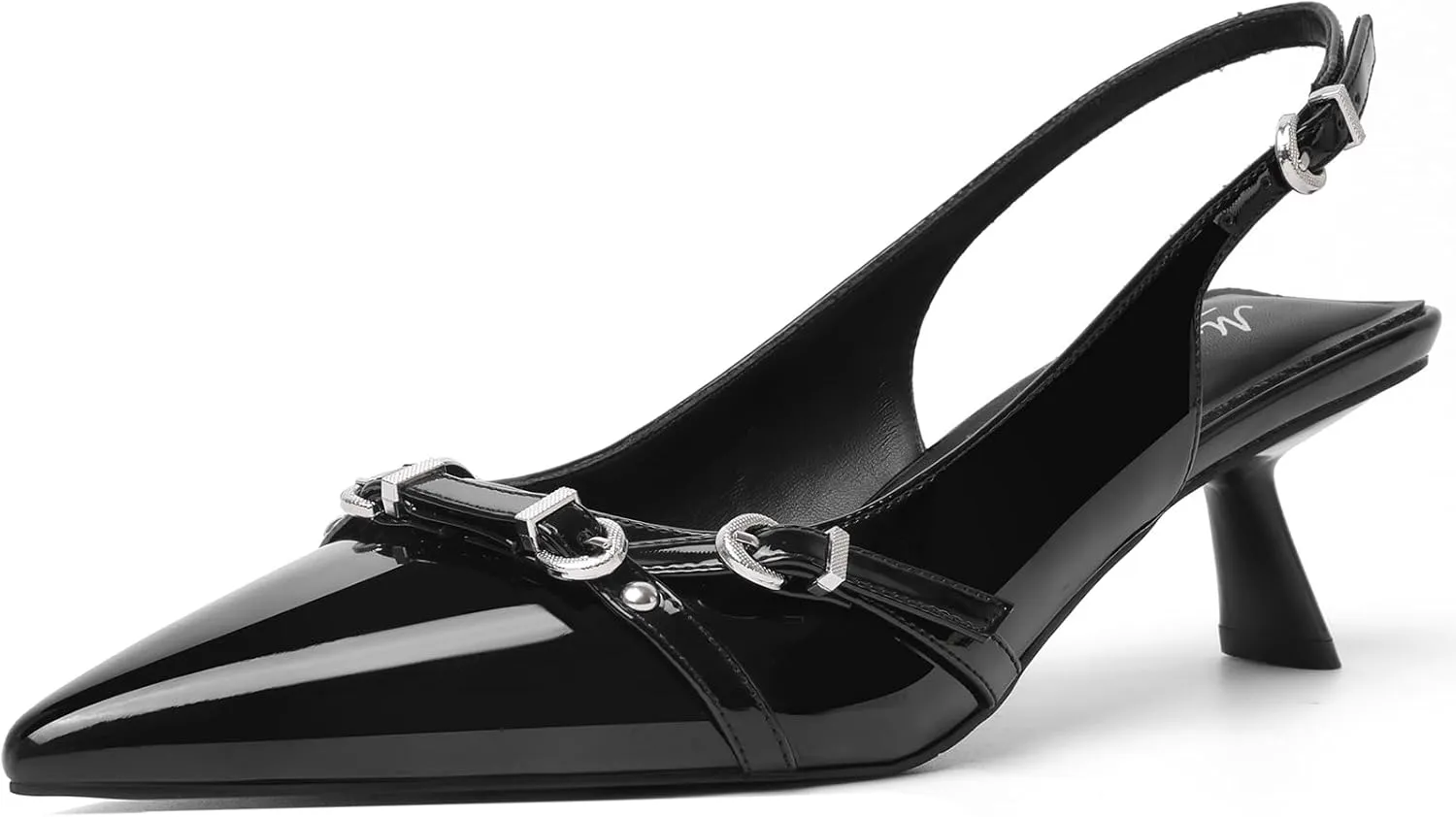 Mostrin Kitten Heels for Women Pointed Toe Pumps Patent Leather Low Heel Slingback Heels with Buckle Dress Shoes for Dating Party Working