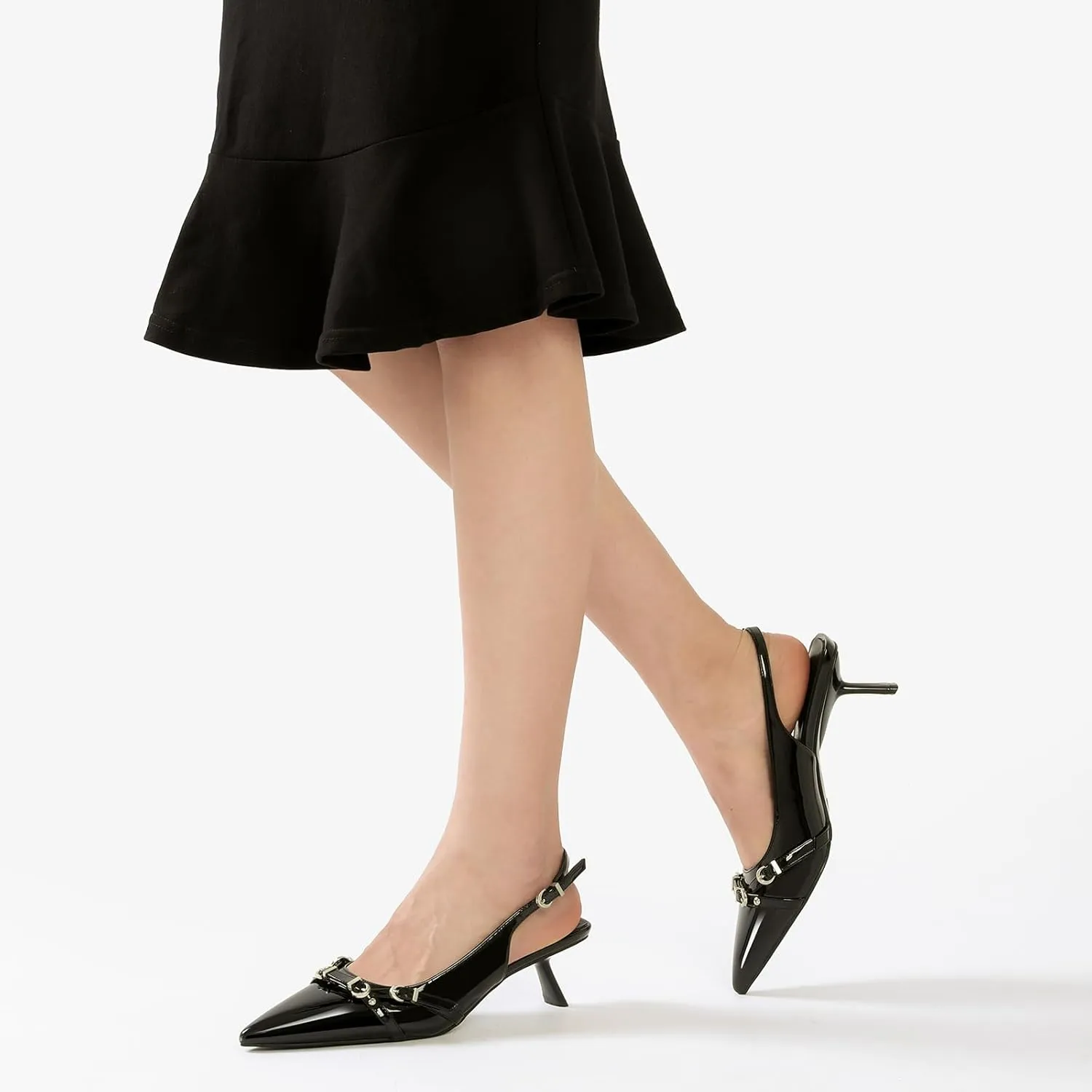 Mostrin Kitten Heels for Women Pointed Toe Pumps Patent Leather Low Heel Slingback Heels with Buckle Dress Shoes for Dating Party Working