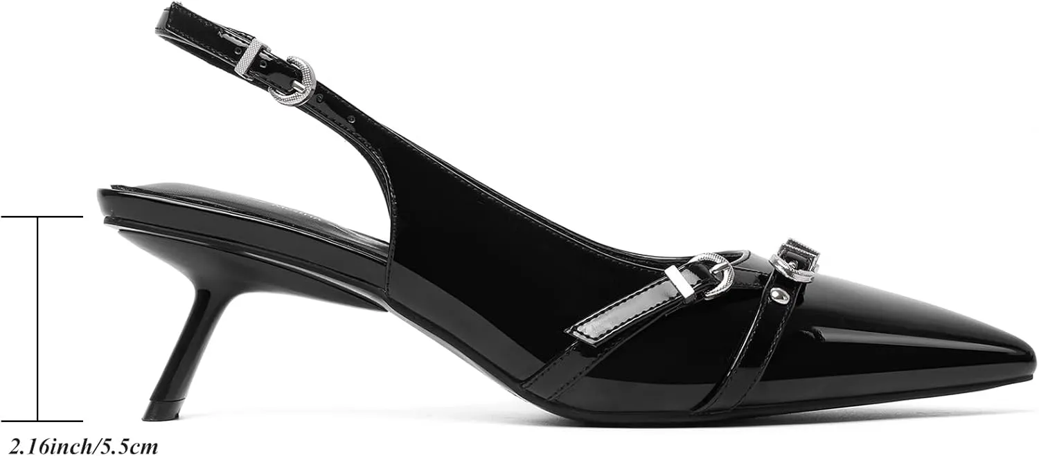 Mostrin Kitten Heels for Women Pointed Toe Pumps Patent Leather Low Heel Slingback Heels with Buckle Dress Shoes for Dating Party Working
