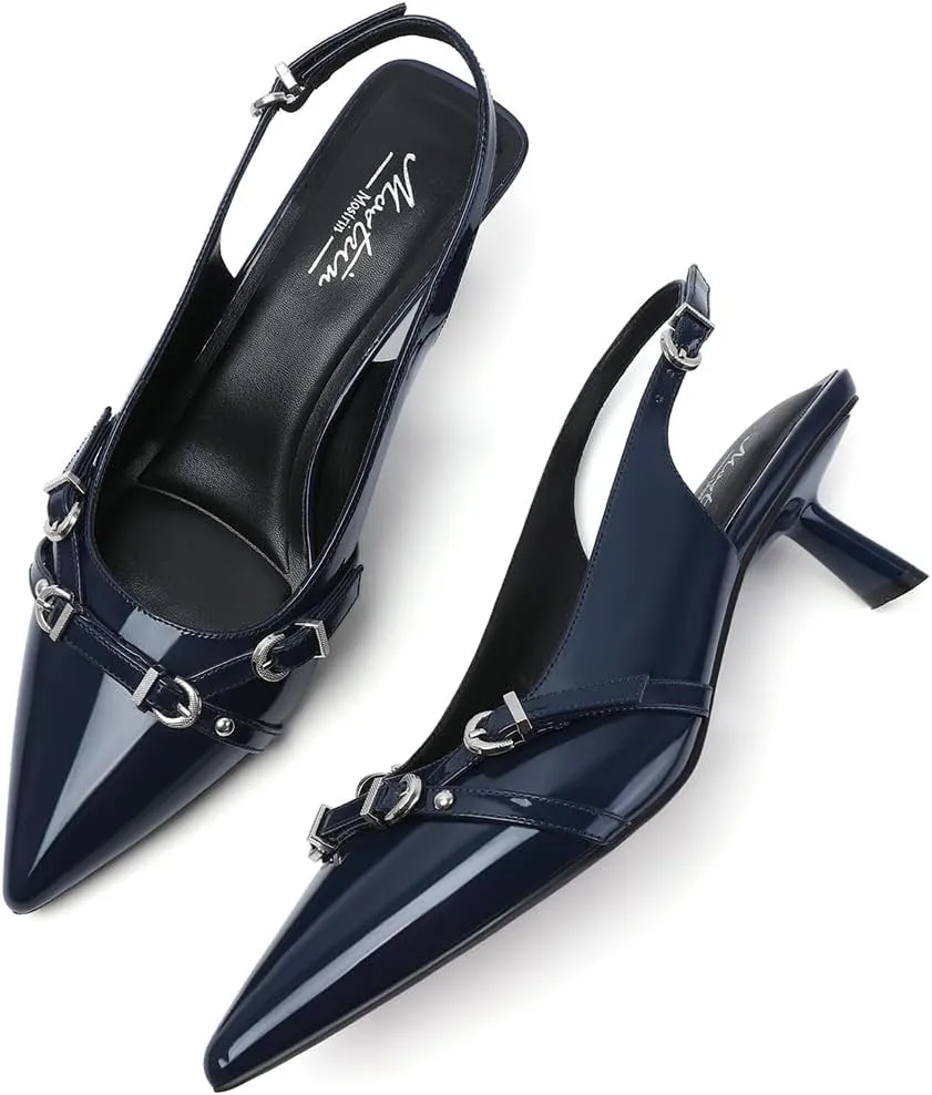 Mostrin Kitten Heels for Women Pointed Toe Pumps Patent Leather Low Heel Slingback Heels with Buckle Dress Shoes for Dating Party Working