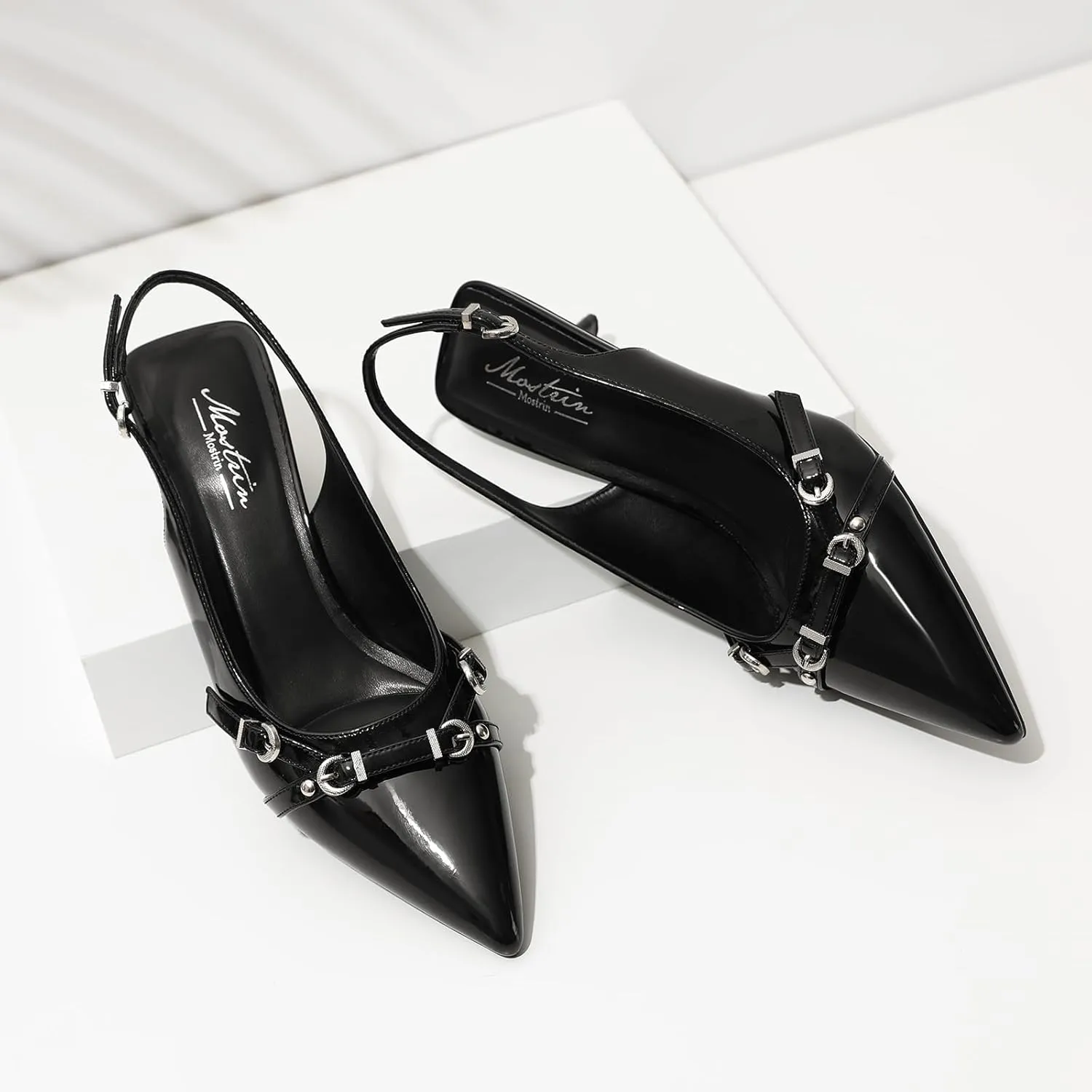 Mostrin Kitten Heels for Women Pointed Toe Pumps Patent Leather Low Heel Slingback Heels with Buckle Dress Shoes for Dating Party Working