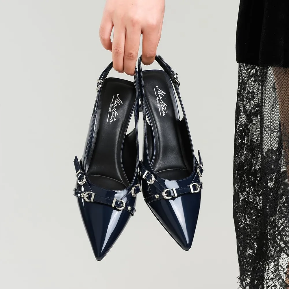 Mostrin Kitten Heels for Women Pointed Toe Pumps Patent Leather Low Heel Slingback Heels with Buckle Dress Shoes for Dating Party Working