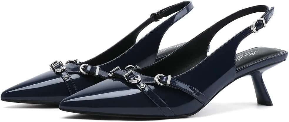 Mostrin Kitten Heels for Women Pointed Toe Pumps Patent Leather Low Heel Slingback Heels with Buckle Dress Shoes for Dating Party Working