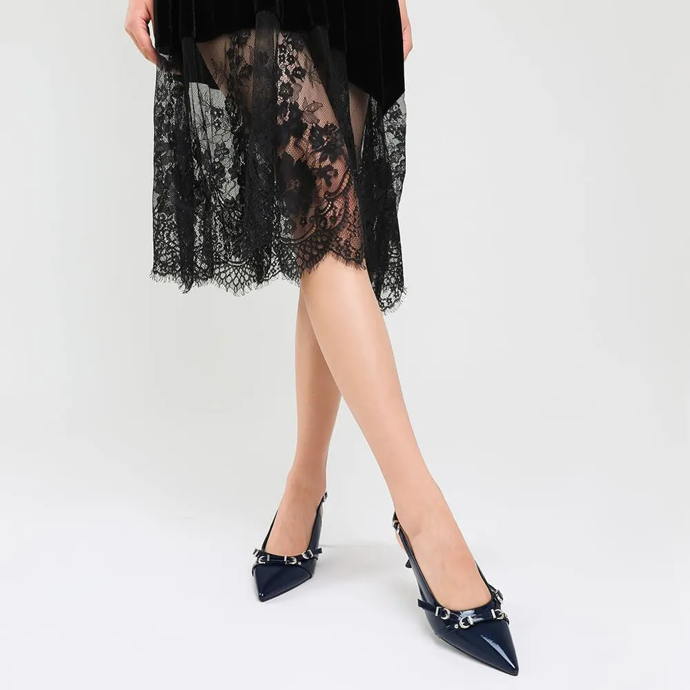 Mostrin Kitten Heels for Women Pointed Toe Pumps Patent Leather Low Heel Slingback Heels with Buckle Dress Shoes for Dating Party Working