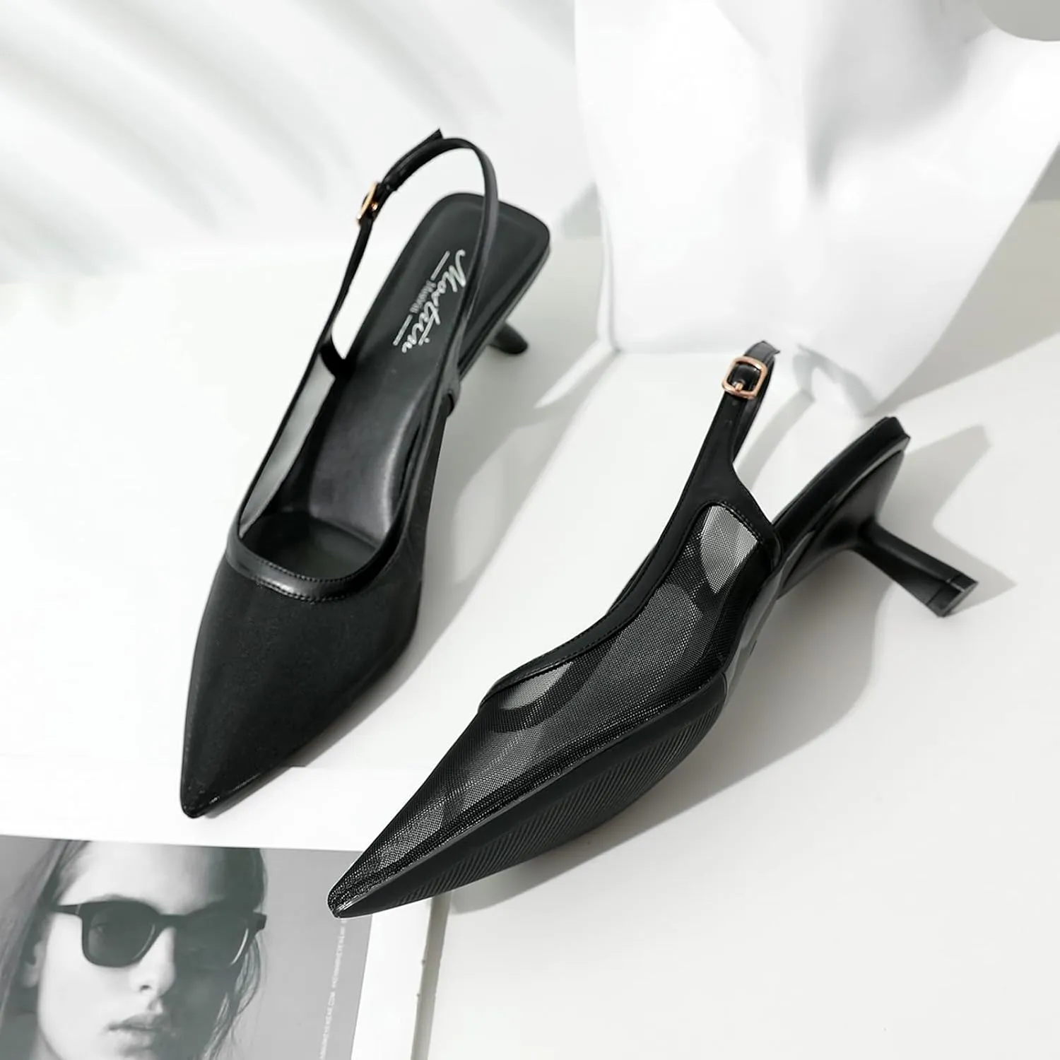 Mostrin Kitten Heels for Women Pointed Toe Pumps Patent Leather Low Heel Slingback Heels with Buckle Dress Shoes for Dating Party Working