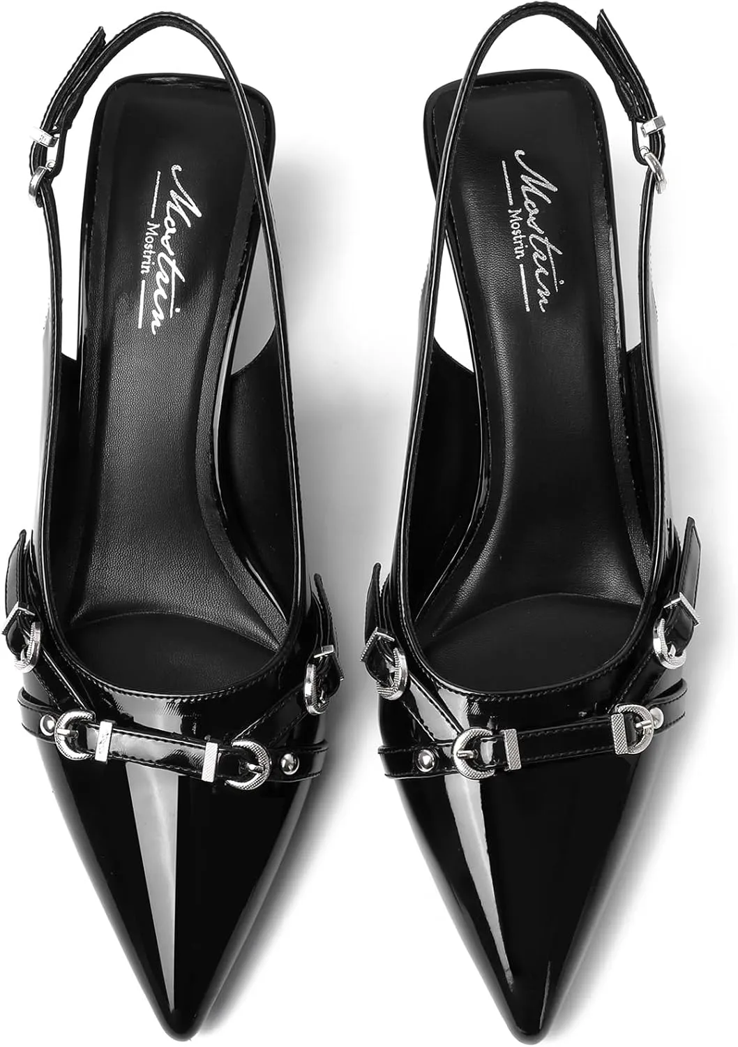 Mostrin Kitten Heels for Women Pointed Toe Pumps Patent Leather Low Heel Slingback Heels with Buckle Dress Shoes for Dating Party Working