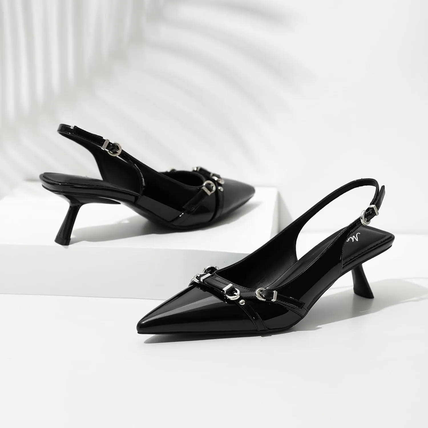 Mostrin Kitten Heels for Women Pointed Toe Pumps Patent Leather Low Heel Slingback Heels with Buckle Dress Shoes for Dating Party Working