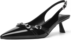 Mostrin Kitten Heels for Women Pointed Toe Pumps Patent Leather Low Heel Slingback Heels with Buckle Dress Shoes for Dating Party Working