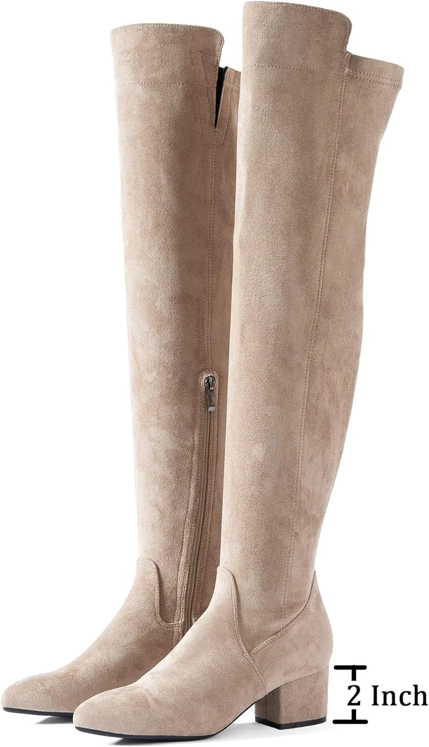 Mtzyoa Women Over The Knee Boots Suede Thigh High Low Block Heel Stretch OTK Walking Comfort