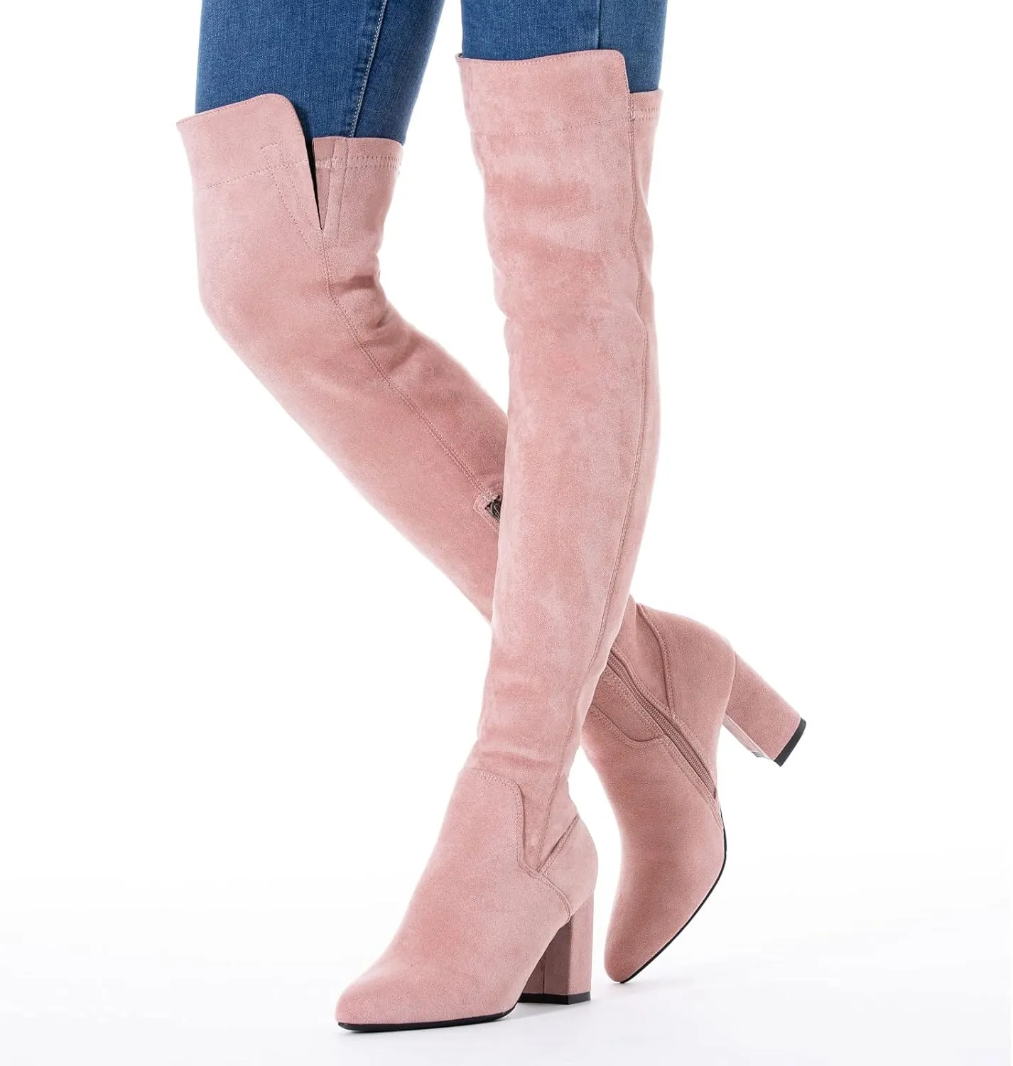 Mtzyoa Women Over The Knee Boots Suede Thigh High Low Block Heel Stretch OTK Walking Comfort
