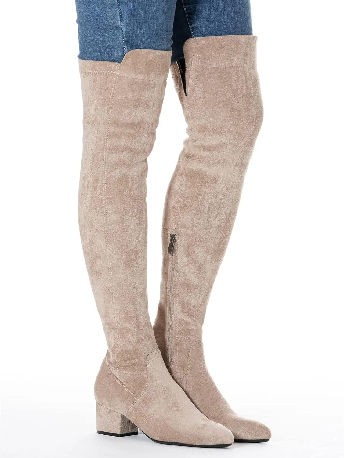Mtzyoa Women Over The Knee Boots Suede Thigh High Low Block Heel Stretch OTK Walking Comfort