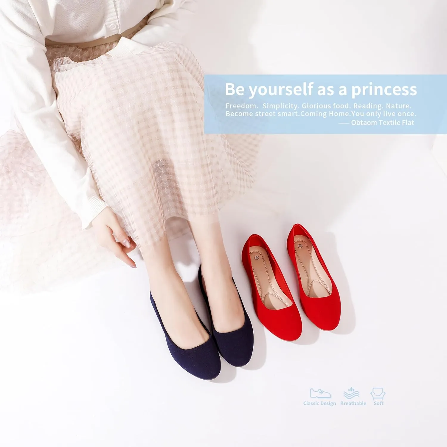 Obtaom Round Toe Women Flat Shoes Slip on Girls Dress Black Ballet Flats