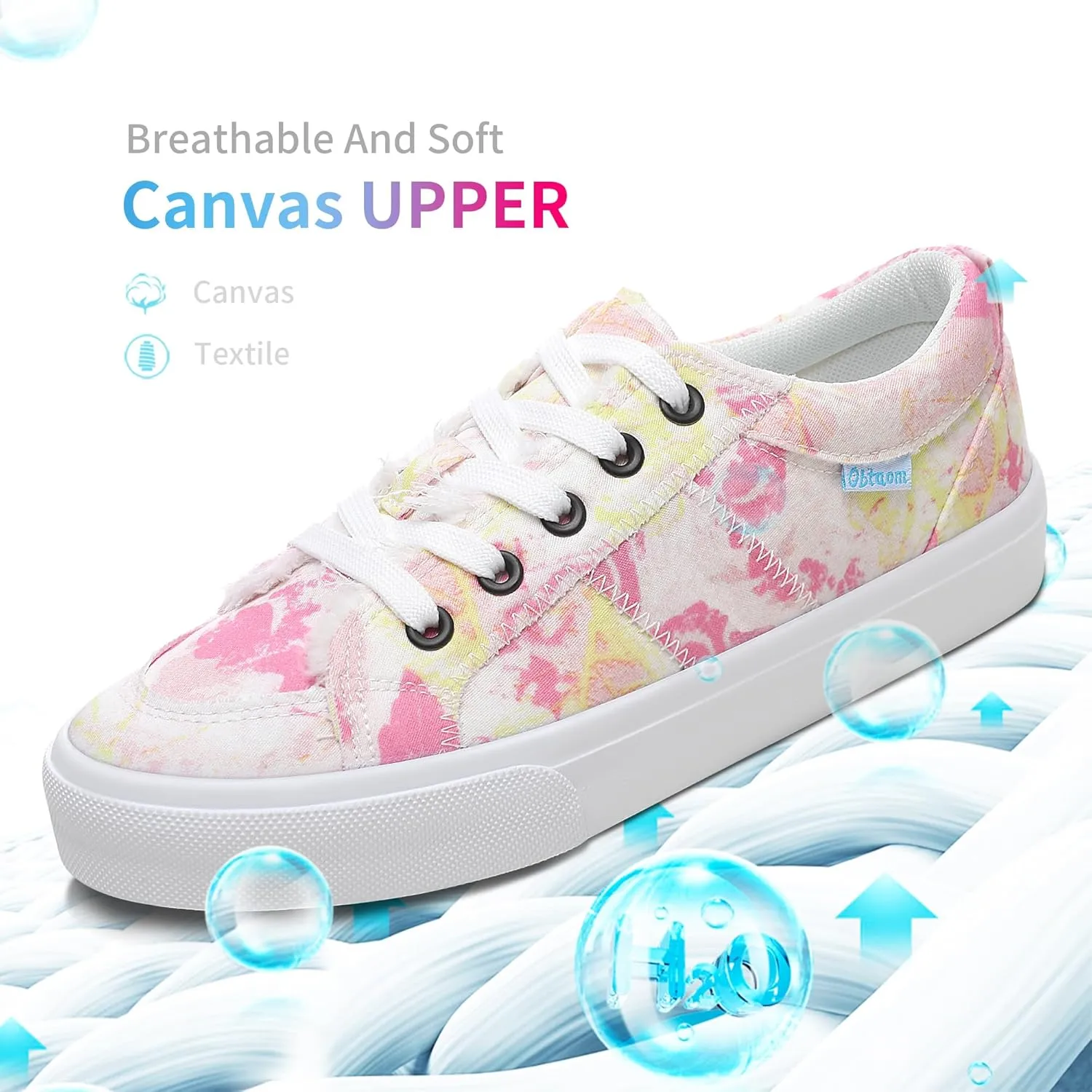 Obtaom Women's White Play Fashion Sneakers Cute Lace up Canvas Shoes Low Top Washed Canvas Flat for Lady
