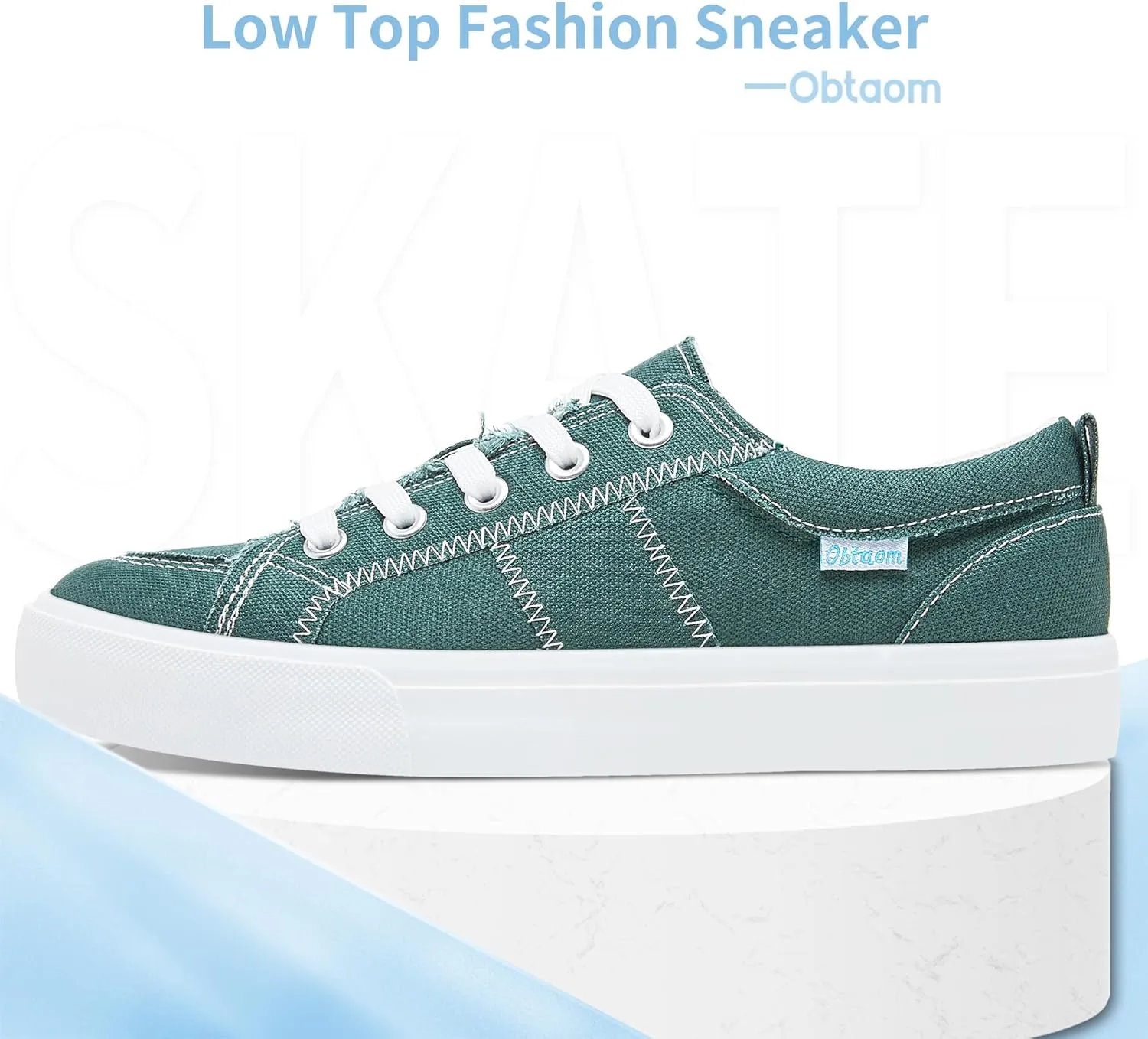 Obtaom Women's White Play Fashion Sneakers Cute Lace up Canvas Shoes Low Top Washed Canvas Flat for Lady