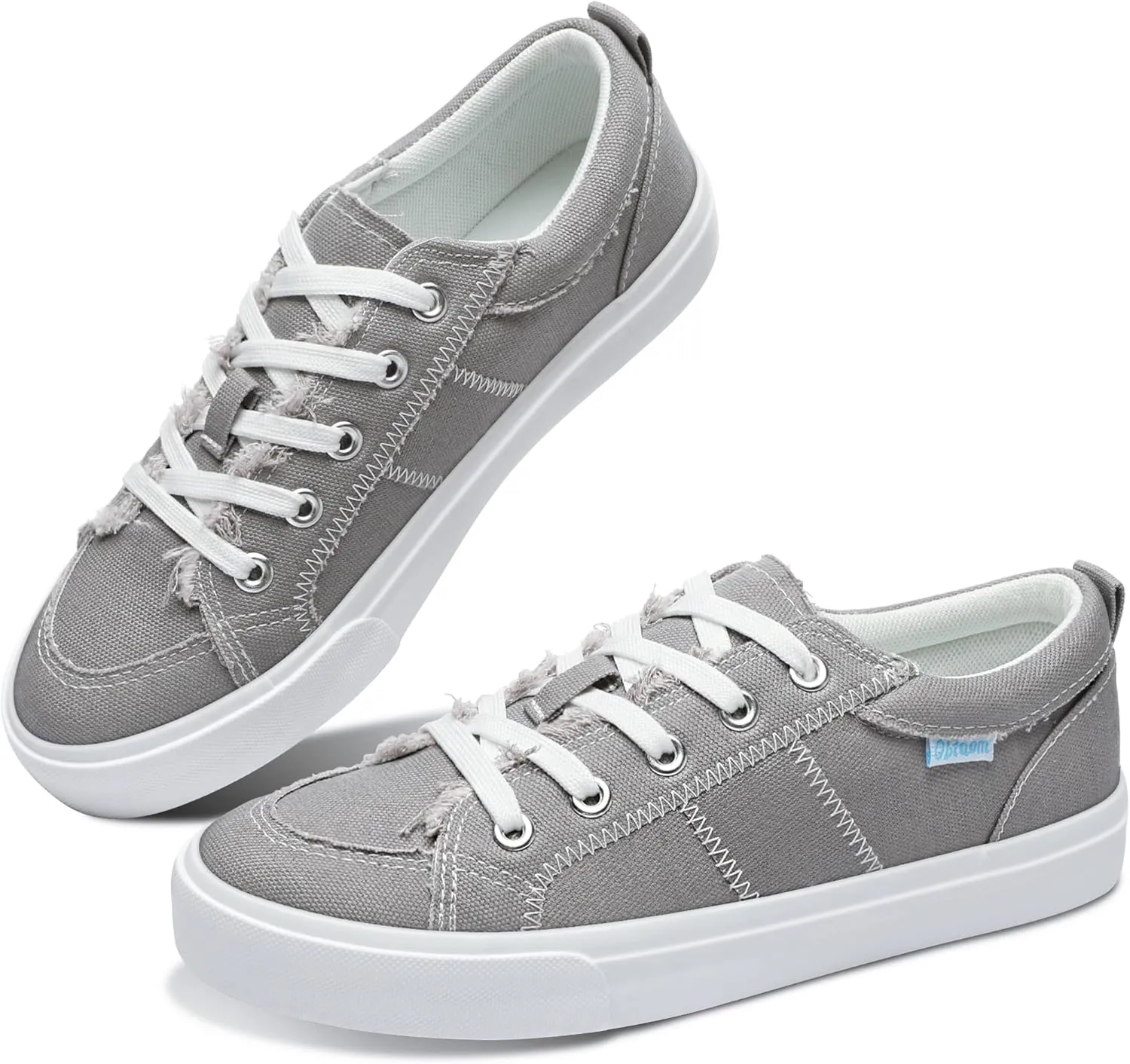Obtaom Women's White Play Fashion Sneakers Cute Lace up Canvas Shoes Low Top Washed Canvas Flat for Lady