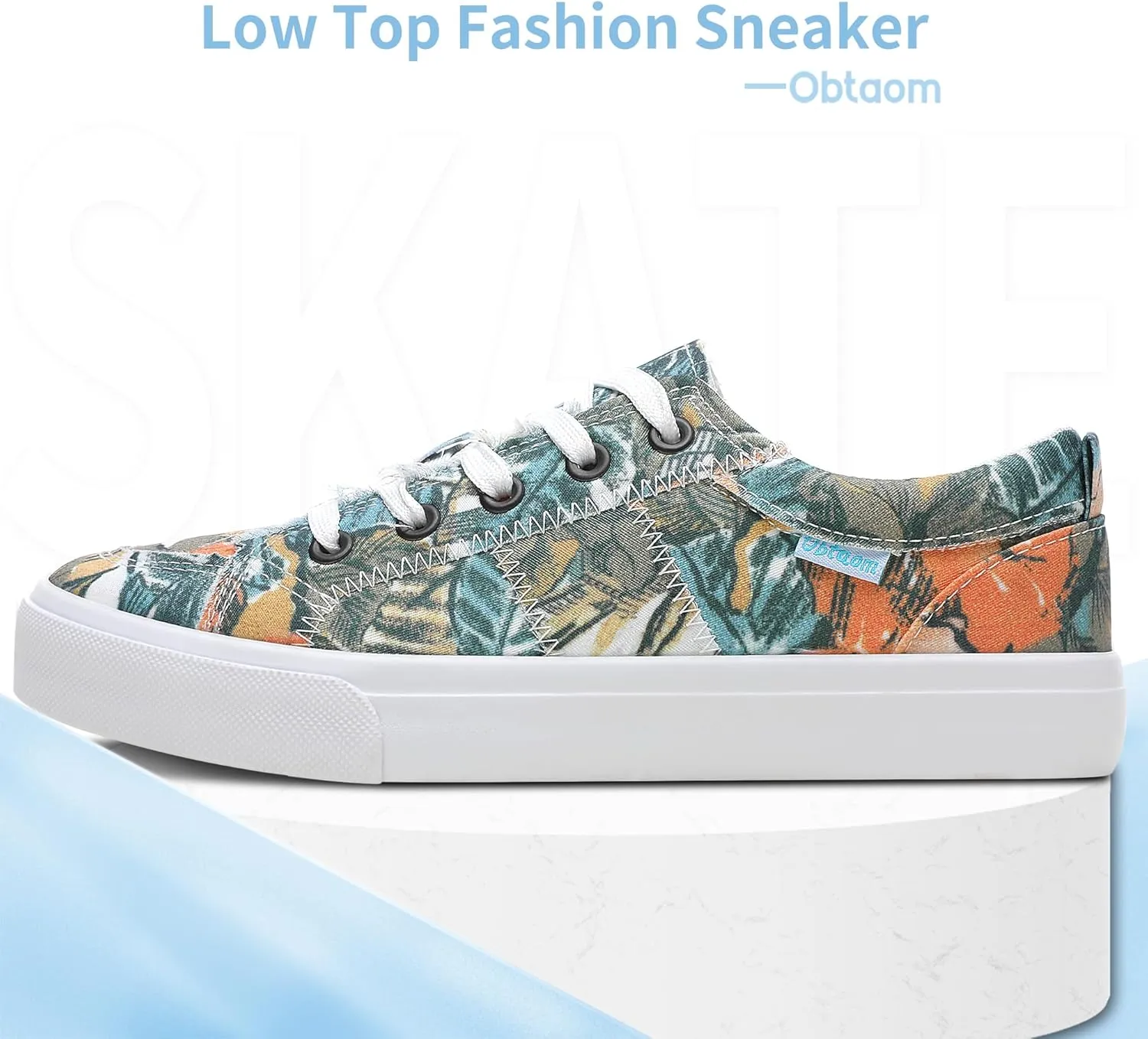 Obtaom Women's White Play Fashion Sneakers Cute Lace up Canvas Shoes Low Top Washed Canvas Flat for Lady
