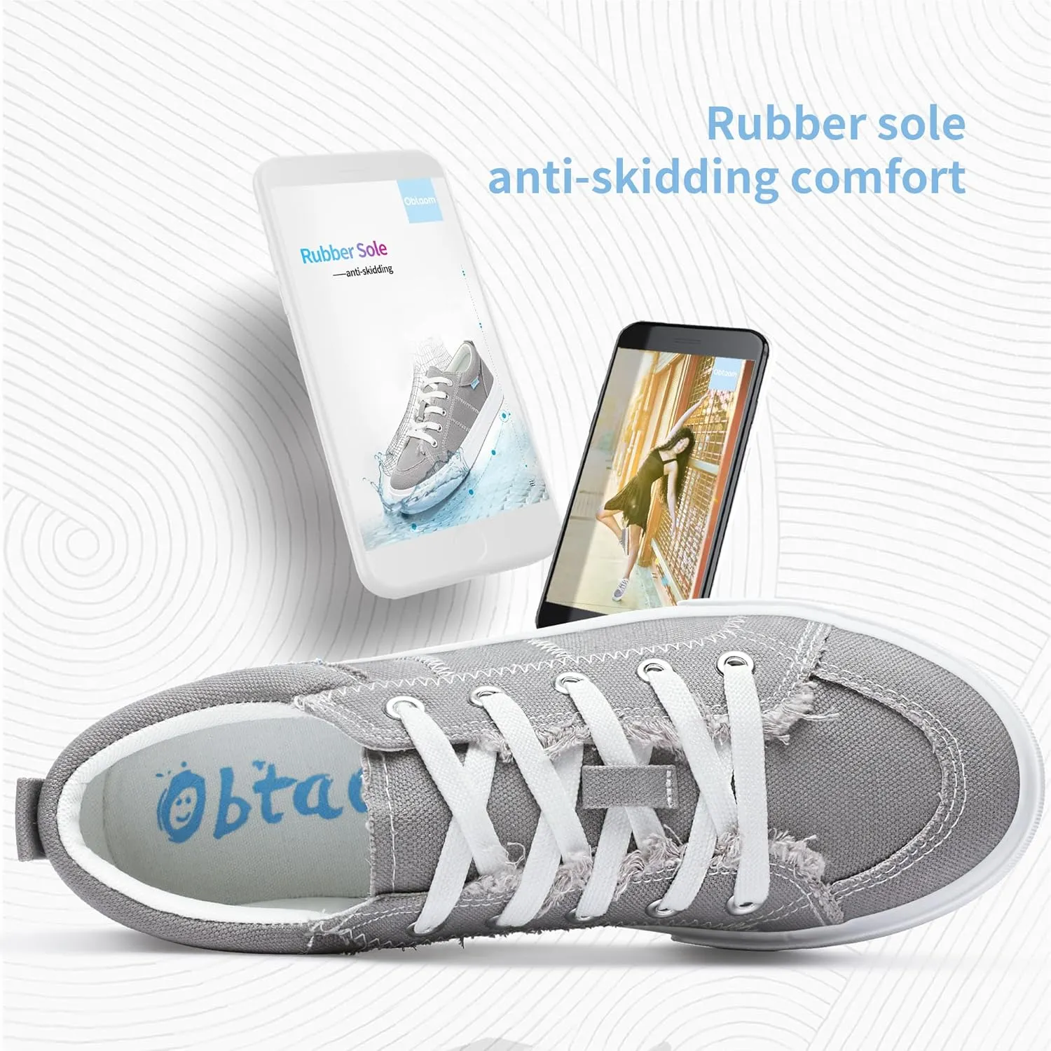 Obtaom Women's White Play Fashion Sneakers Cute Lace up Canvas Shoes Low Top Washed Canvas Flat for Lady