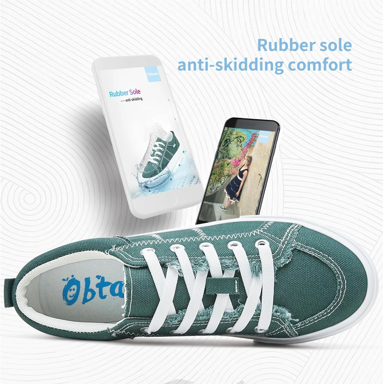 Obtaom Women's White Play Fashion Sneakers Cute Lace up Canvas Shoes Low Top Washed Canvas Flat for Lady
