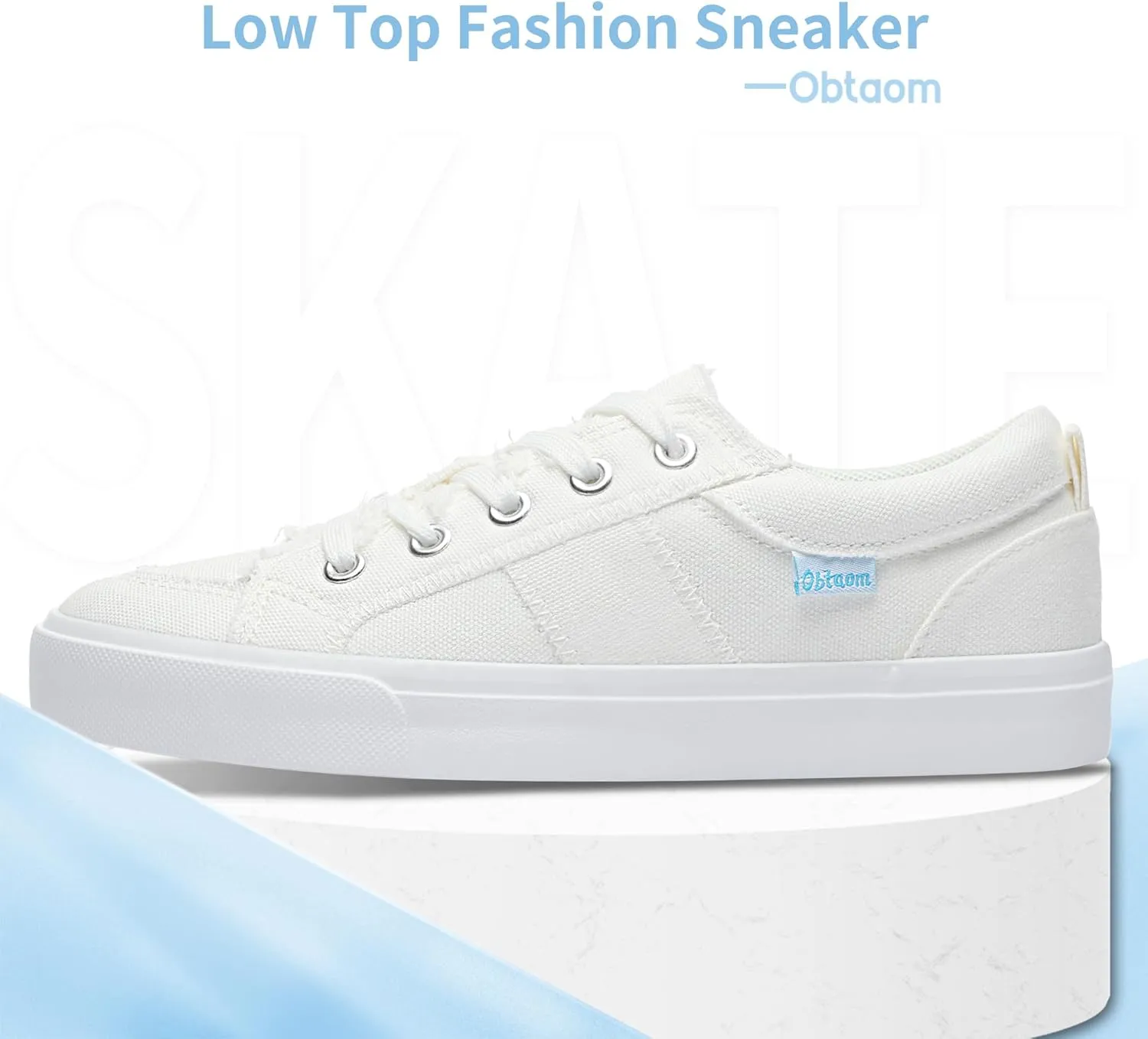 Obtaom Women's White Play Fashion Sneakers Cute Lace up Canvas Shoes Low Top Washed Canvas Flat for Lady