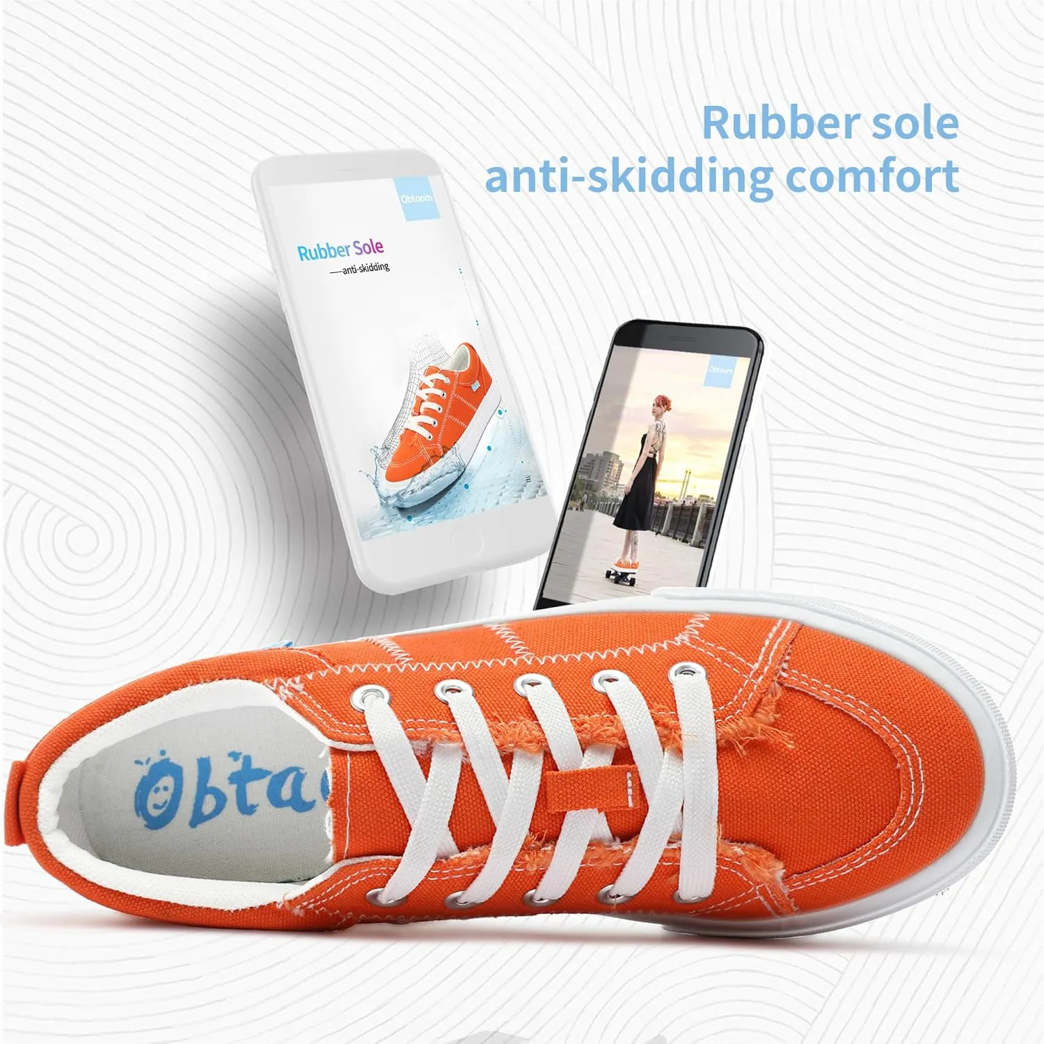 Obtaom Women's White Play Fashion Sneakers Cute Lace up Canvas Shoes Low Top Washed Canvas Flat for Lady