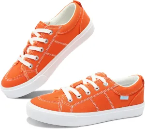Obtaom Women's White Play Fashion Sneakers Cute Lace up Canvas Shoes Low Top Washed Canvas Flat for Lady