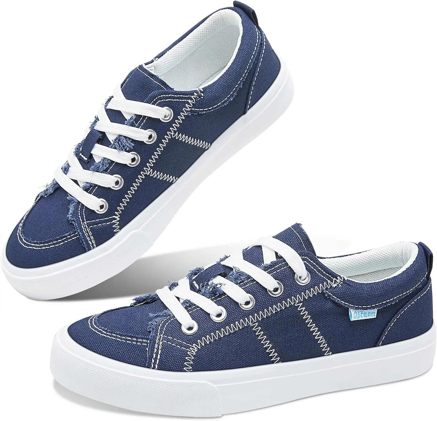 Obtaom Women's White Play Fashion Sneakers Cute Lace up Canvas Shoes Low Top Washed Canvas Flat for Lady