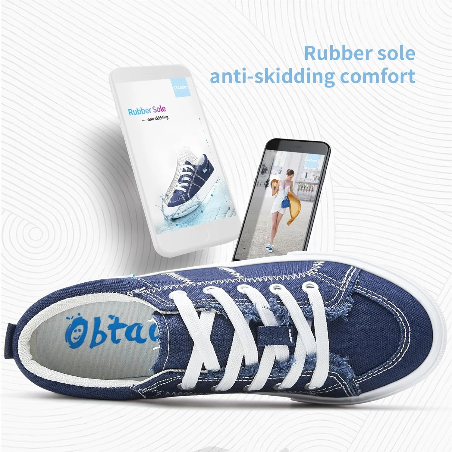 Obtaom Women's White Play Fashion Sneakers Cute Lace up Canvas Shoes Low Top Washed Canvas Flat for Lady