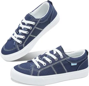 Obtaom Women's White Play Fashion Sneakers Cute Lace up Canvas Shoes Low Top Washed Canvas Flat for Lady