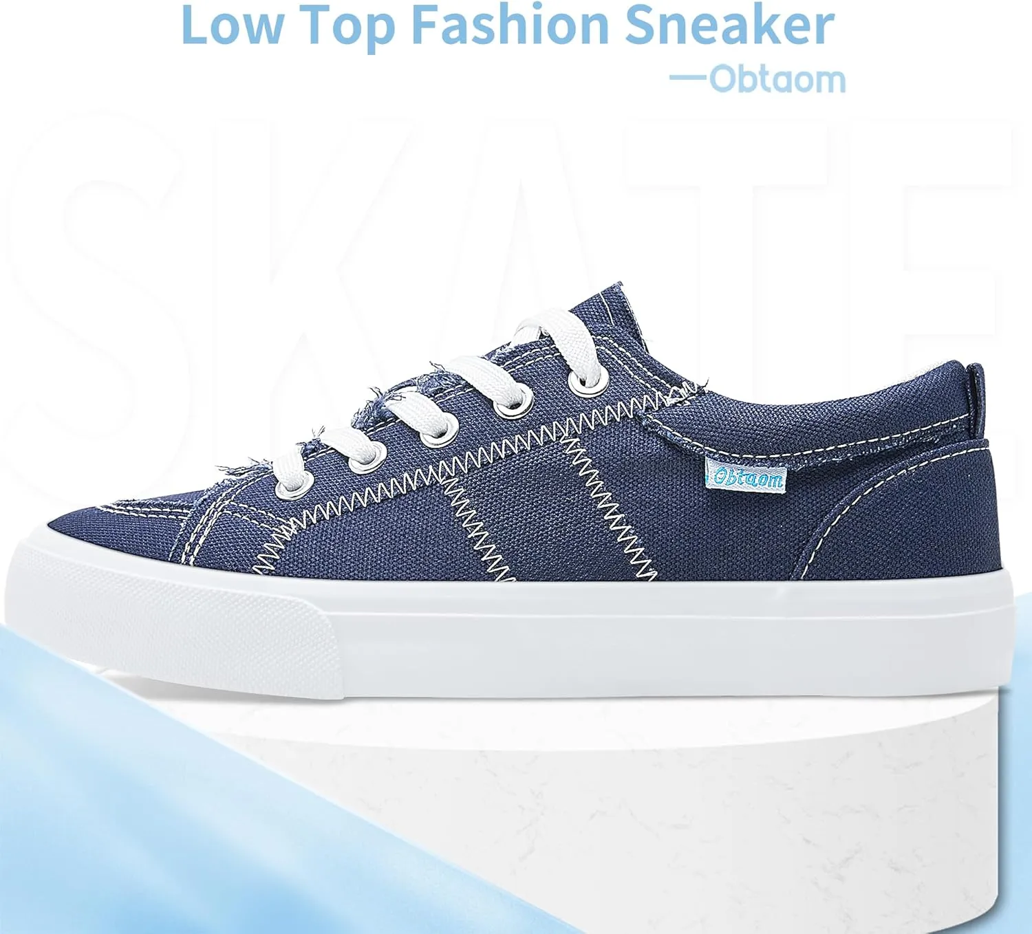 Obtaom Women's White Play Fashion Sneakers Cute Lace up Canvas Shoes Low Top Washed Canvas Flat for Lady