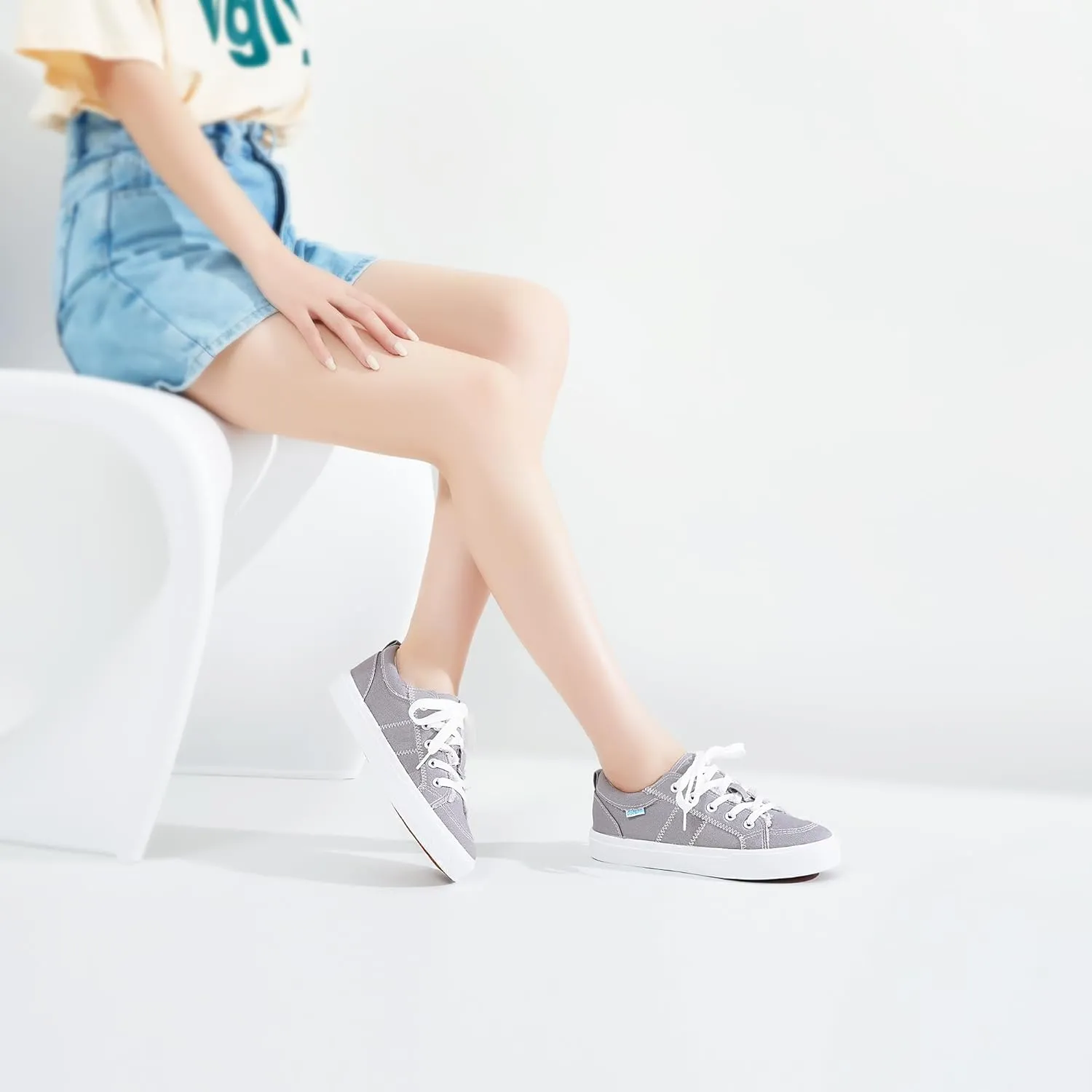 Obtaom Women's White Play Fashion Sneakers Cute Lace up Canvas Shoes Low Top Washed Canvas Flat for Lady