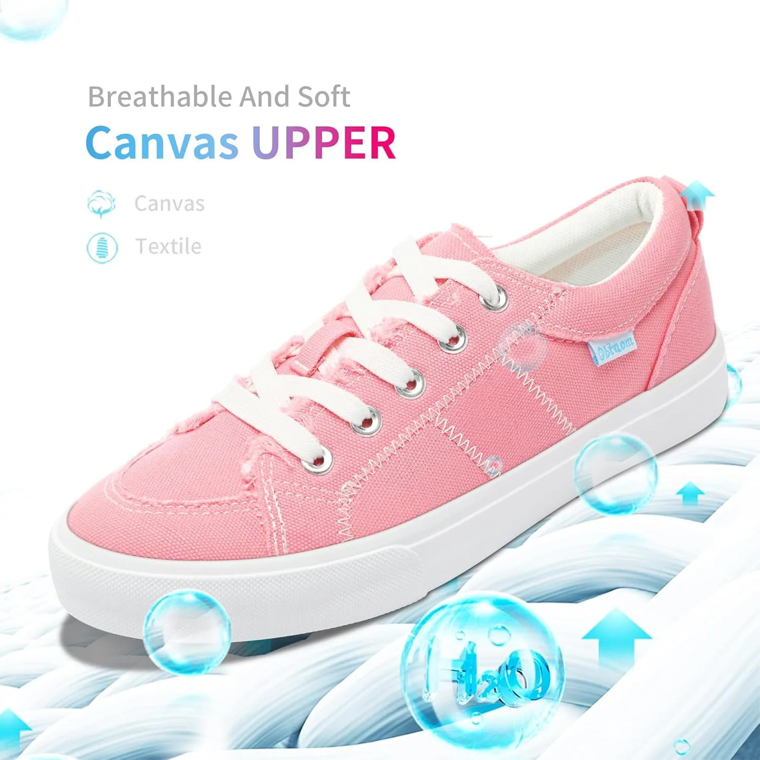 Obtaom Women's White Play Fashion Sneakers Cute Lace up Canvas Shoes Low Top Washed Canvas Flat for Lady