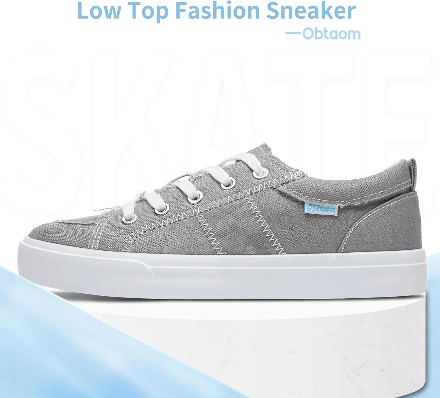 Obtaom Women's White Play Fashion Sneakers Cute Lace up Canvas Shoes Low Top Washed Canvas Flat for Lady