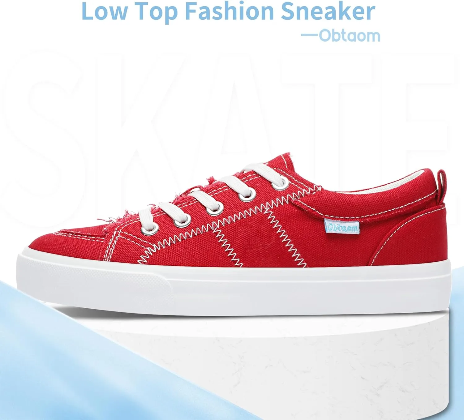Obtaom Women's White Play Fashion Sneakers Cute Lace up Canvas Shoes Low Top Washed Canvas Flat for Lady
