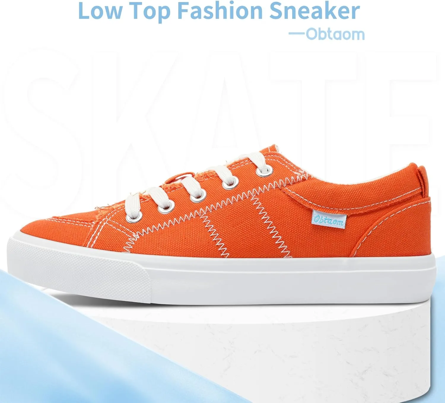 Obtaom Women's White Play Fashion Sneakers Cute Lace up Canvas Shoes Low Top Washed Canvas Flat for Lady