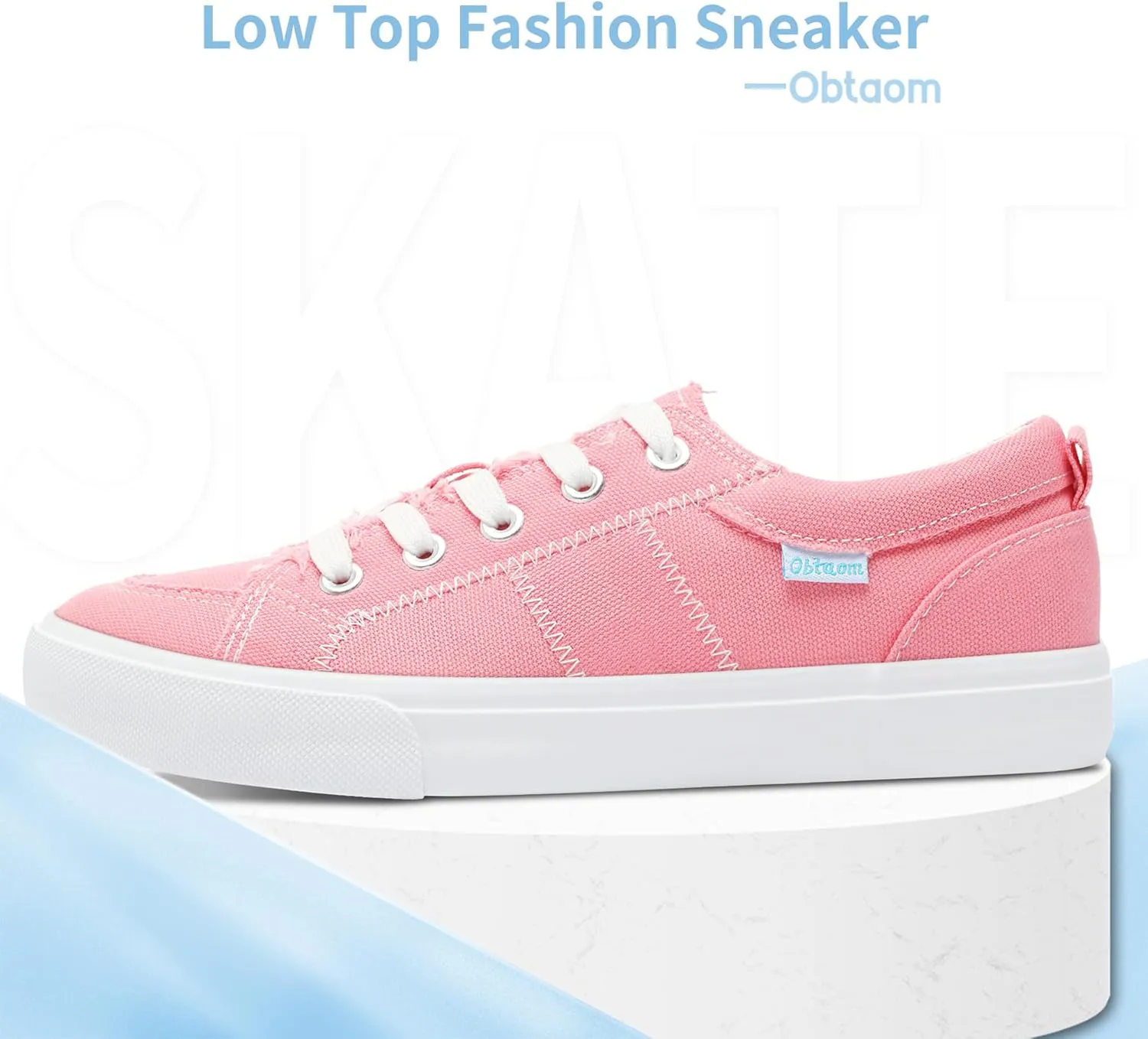 Obtaom Women's White Play Fashion Sneakers Cute Lace up Canvas Shoes Low Top Washed Canvas Flat for Lady