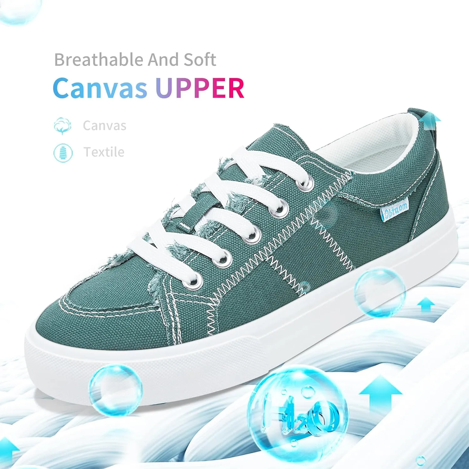 Obtaom Women's White Play Fashion Sneakers Cute Lace up Canvas Shoes Low Top Washed Canvas Flat for Lady