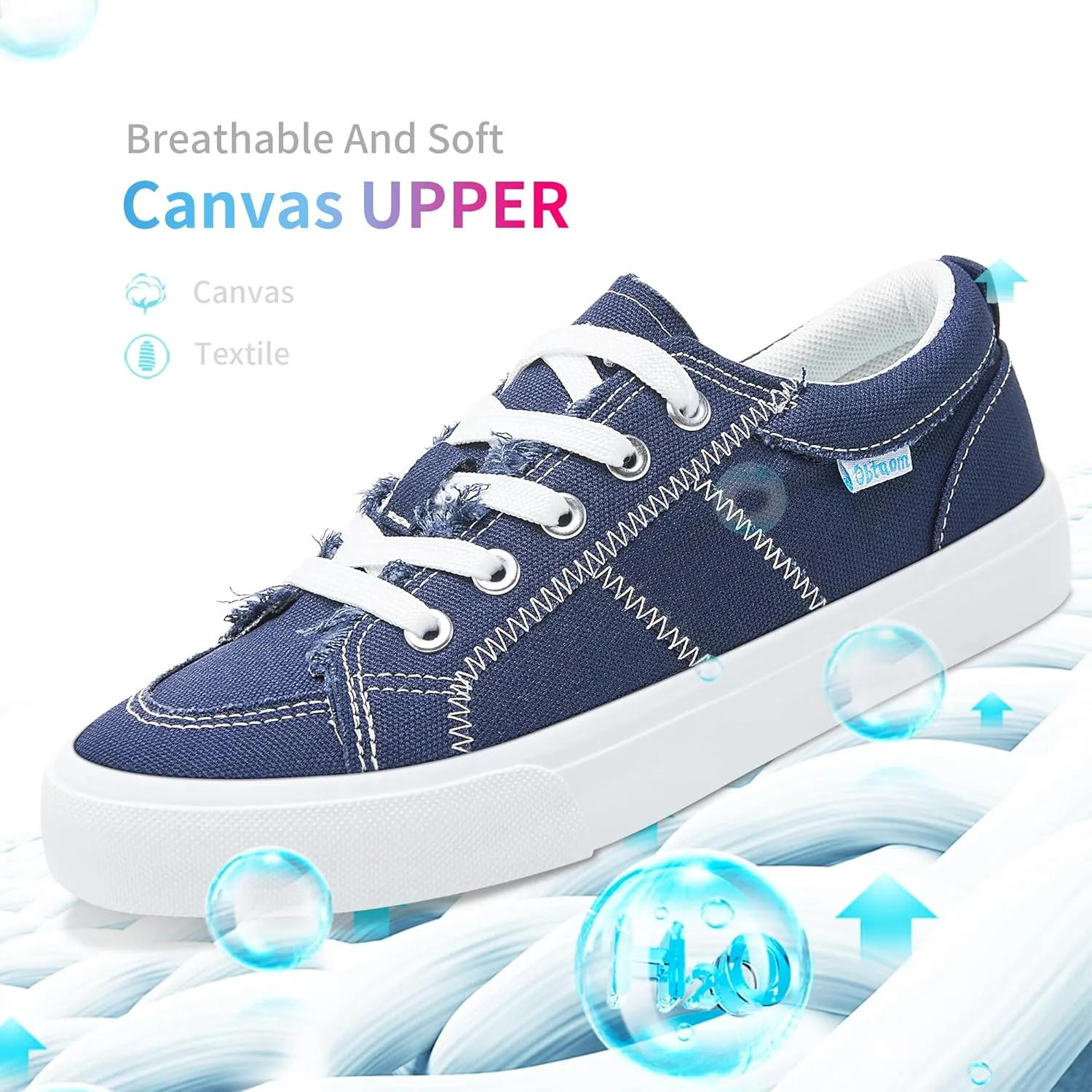 Obtaom Women's White Play Fashion Sneakers Cute Lace up Canvas Shoes Low Top Washed Canvas Flat for Lady