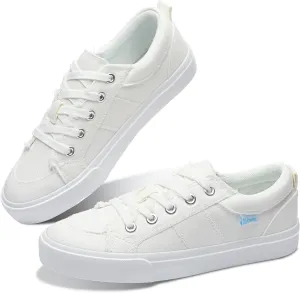 Obtaom Women's White Play Fashion Sneakers Cute Lace up Canvas Shoes Low Top Washed Canvas Flat for Lady