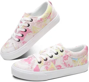 Obtaom Women's White Play Fashion Sneakers Cute Lace up Canvas Shoes Low Top Washed Canvas Flat for Lady