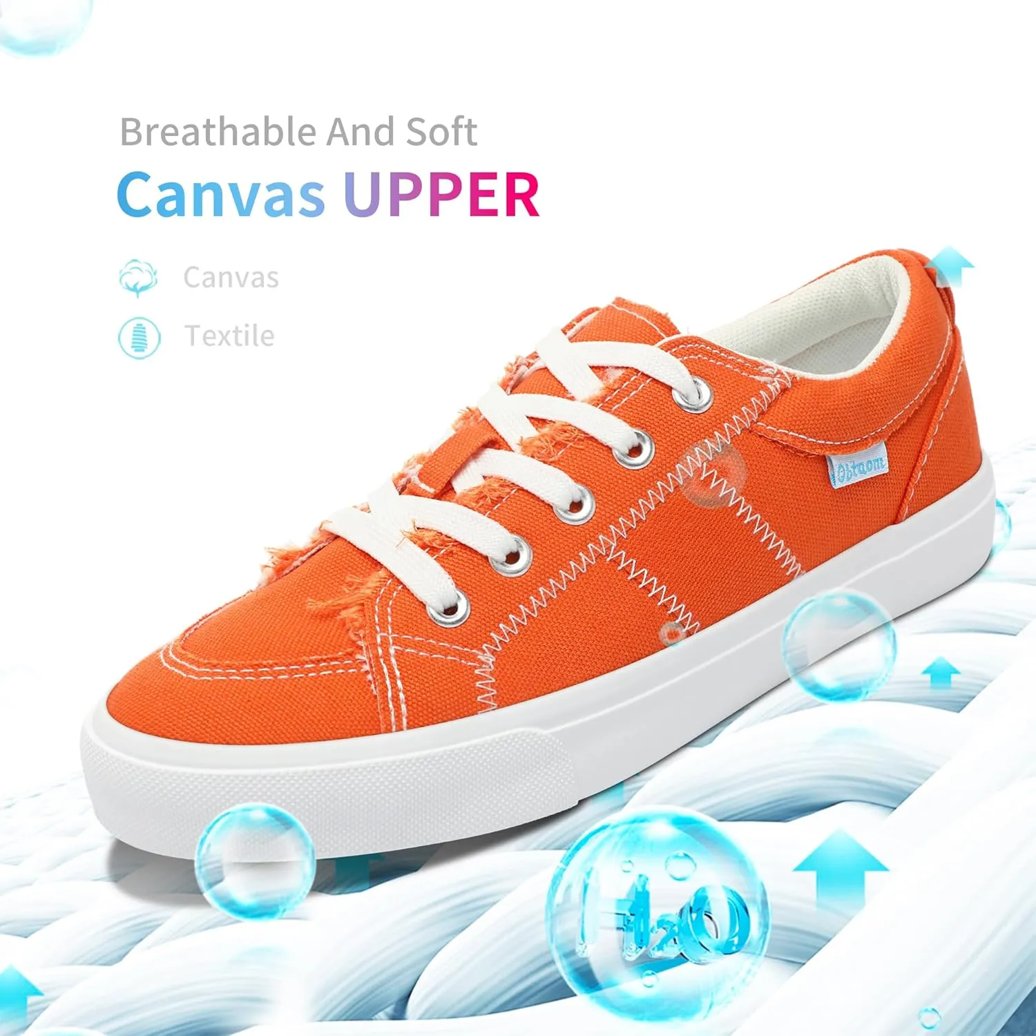 Obtaom Women's White Play Fashion Sneakers Cute Lace up Canvas Shoes Low Top Washed Canvas Flat for Lady