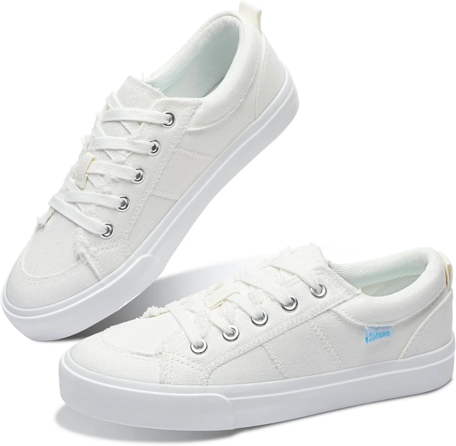 Obtaom Women's White Play Fashion Sneakers Cute Lace up Canvas Shoes Low Top Washed Canvas Flat for Lady