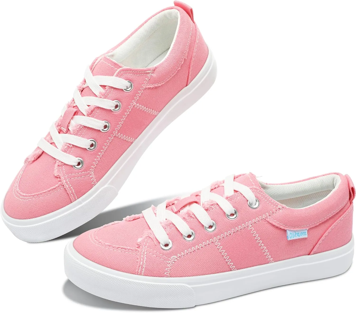 Obtaom Women's White Play Fashion Sneakers Cute Lace up Canvas Shoes Low Top Washed Canvas Flat for Lady