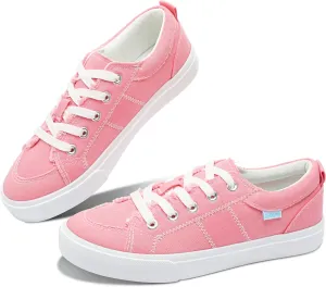 Obtaom Women's White Play Fashion Sneakers Cute Lace up Canvas Shoes Low Top Washed Canvas Flat for Lady