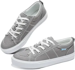 Obtaom Women's White Play Fashion Sneakers Cute Lace up Canvas Shoes Low Top Washed Canvas Flat for Lady